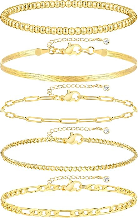 iF YOU Gold Bracelets for Women, 14K Gold Plated Stackable Bead Ball Cuban Link Paperclip Bracele... | Amazon (US)