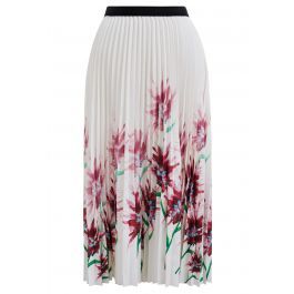 Watercolor Floral Pleated Midi Skirt in Burgundy | Chicwish