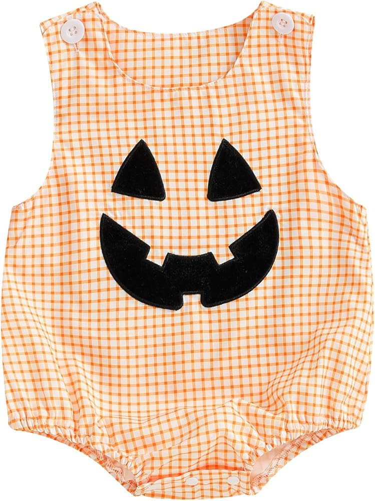 Infant Boys Pumpkin Romper Overalls Fall Bubble Rompers Sleeveless Gingham Bodysuit Newborn Baby ... | Amazon (US)