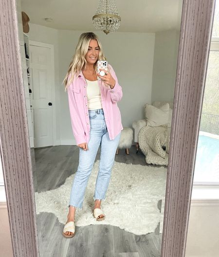 Size dup to a large in the spring Shaket and tank top. Jeans run very small, sized up one size to 30. Spring fashion. Shaket. Tank top. Denim jeans. Spring sandals 

#LTKshoecrush #LTKFind #LTKsalealert