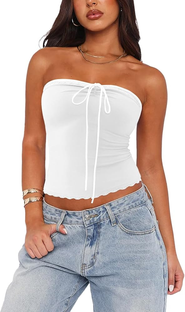 REORIA Women's Y2K Cute Tube Top Double Lined Strapless Backless Sleeveless Crop Top for Summer 2... | Amazon (US)