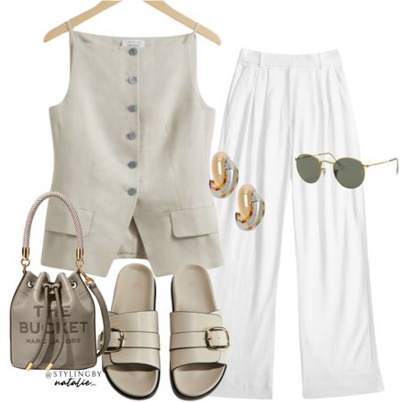 Summer tailoring- strappy tailored waistcoat, white linen trousers, summer sandals, Marc jacobs bucket bag, Ray ban sunglasses & two tone earrings.
Brunch outfit, linen, holiday fashion, vacation style.

#LTKstyletip #LTKSeasonal #LTKeurope