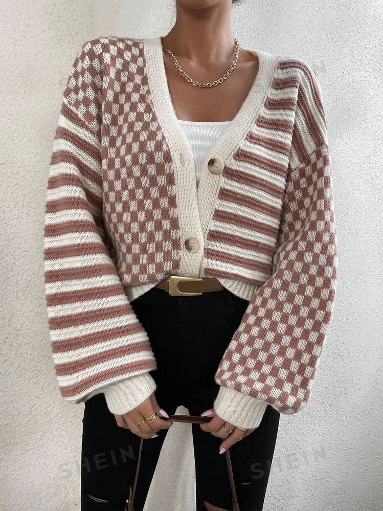 SHEIN Relaxiva Checker Pattern Drop Shoulder Cardigan | SHEIN