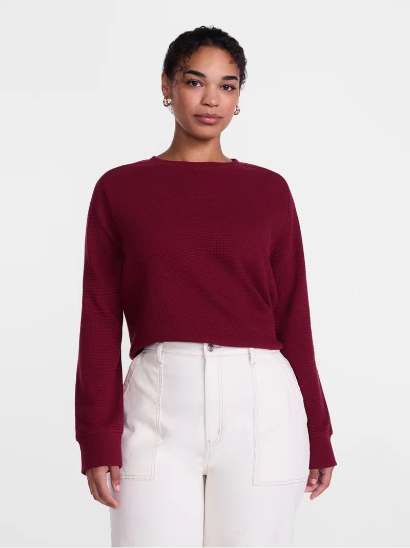 Scenario Women's Waffle Knit Crewneck Tee with Long Sleeves, Sizes XS-XXXL | Walmart (US)