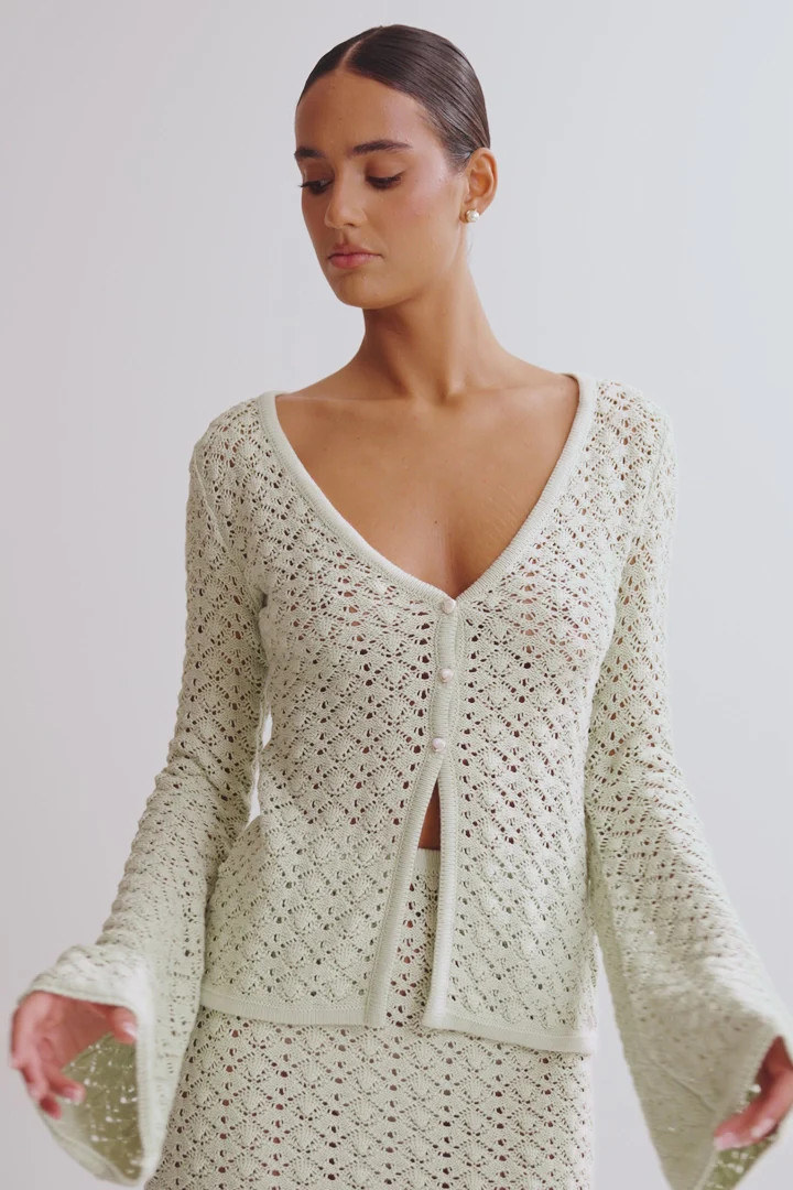 Murphy Long Sleeve Knit Shell Button Cardigan - Pastel Green | MESHKI US