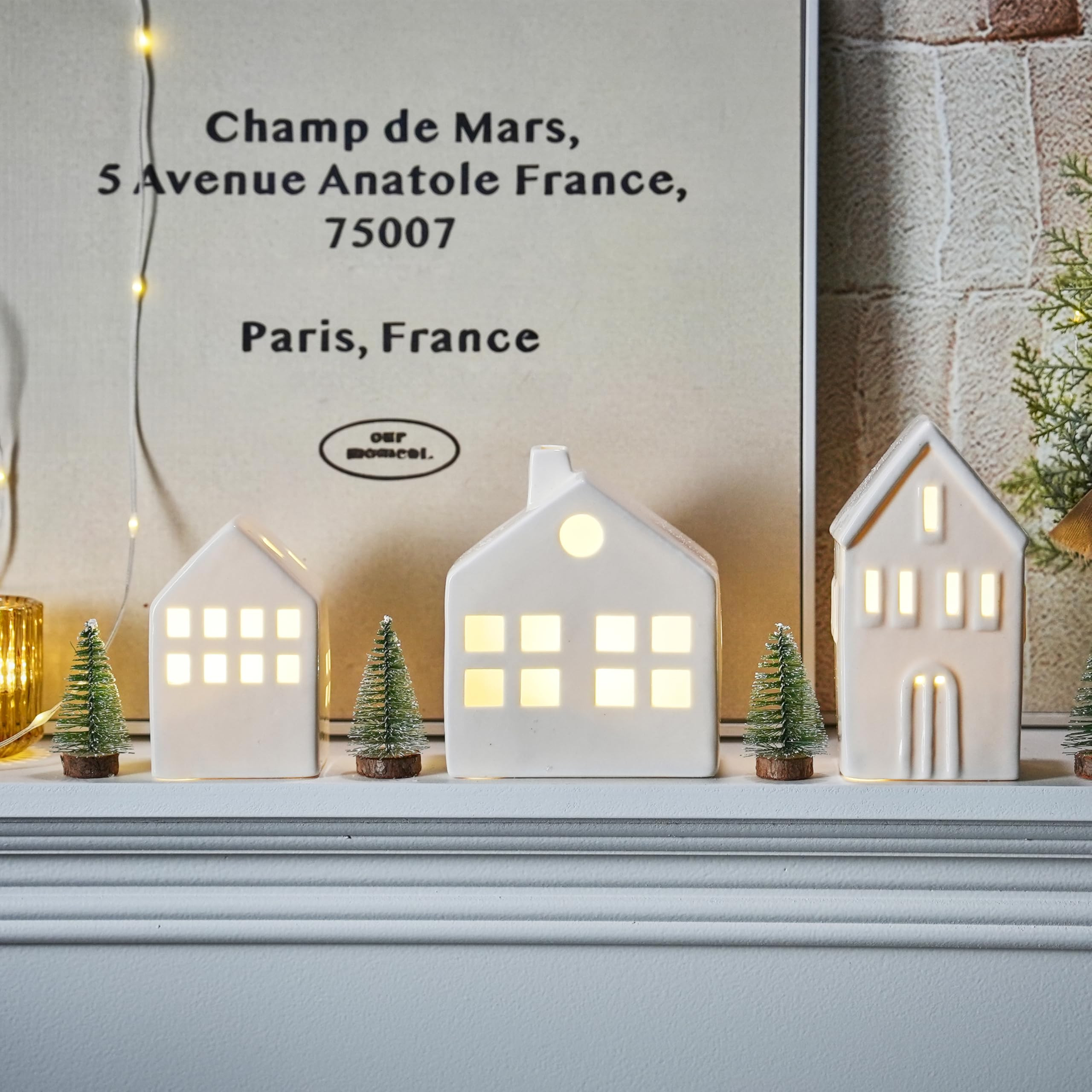 Ceramic Christmas Village Houses, 3Pcs Small White Christmas Houses with 3Pcs Xmas Trees, Light U... | Amazon (US)