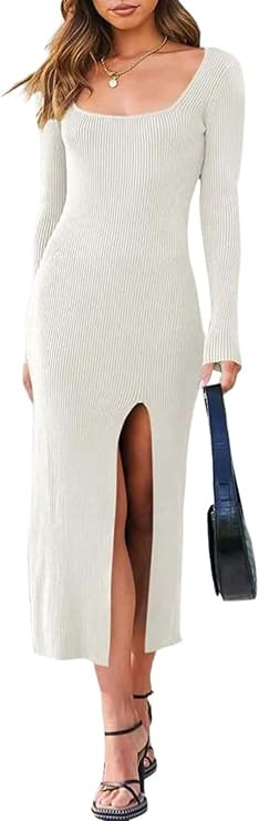Dokotoo Women White Sweater Dress Long Sleeve Slim Fit Sexy Dress Ribbed Side Slit Bodycon Elegan... | Amazon (US)
