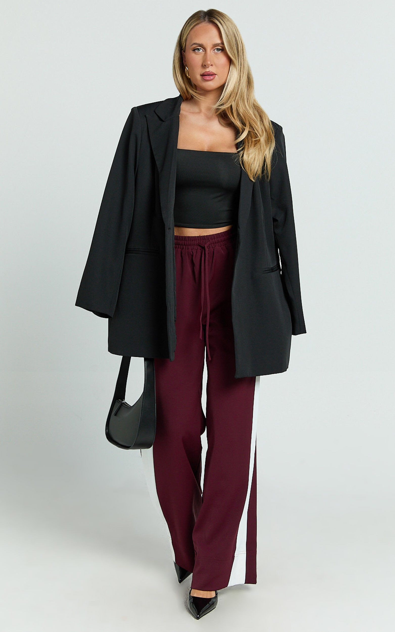 DAVI PANTS - DRAWSTRING WAIST CONTRAST PANEL TAILORED PANTS IN BURGUNDY | Showpo (US, UK & Europe)