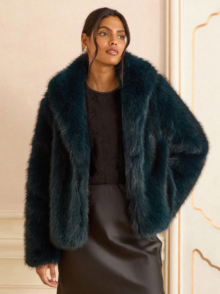 Love & Roses Teal Blue Shawl Collar Faux Fur Coat | Next US