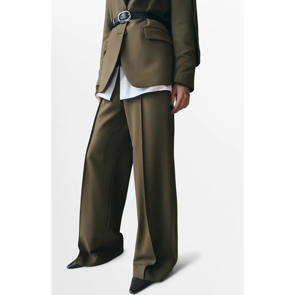 MANGO Pleated Straight Leg Pants in Khaki Green at Nordstrom, Size 6 | Nordstrom