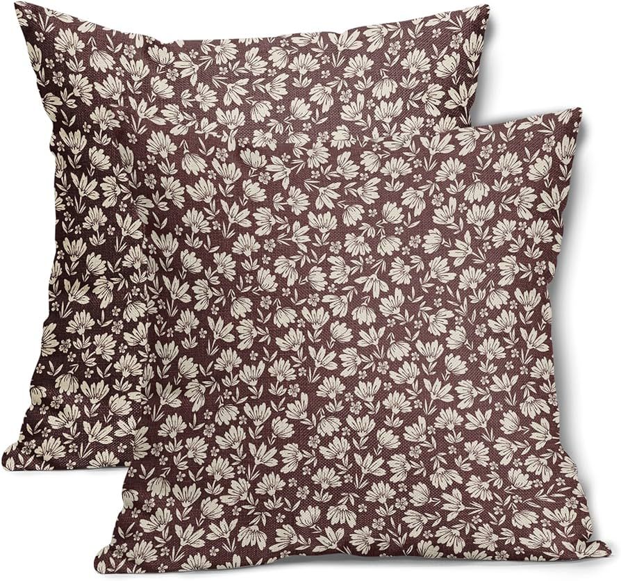 Burgundy Beige Daisy Floral Pillow Covers 20X20 Inch Vintage Flowers Decorative Pillow Cases Set ... | Amazon (US)