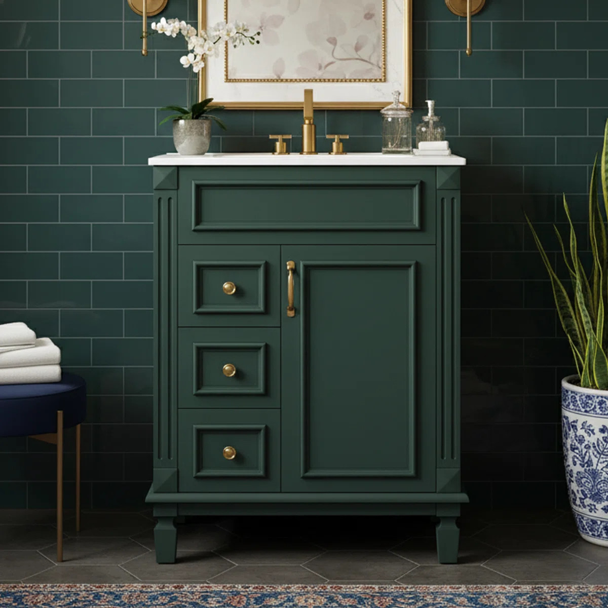 24" W Freestanding French Style Bathroom Vanity with Ceramic Sink and Fluted Cabinet Doors, Green | Wayfair North America