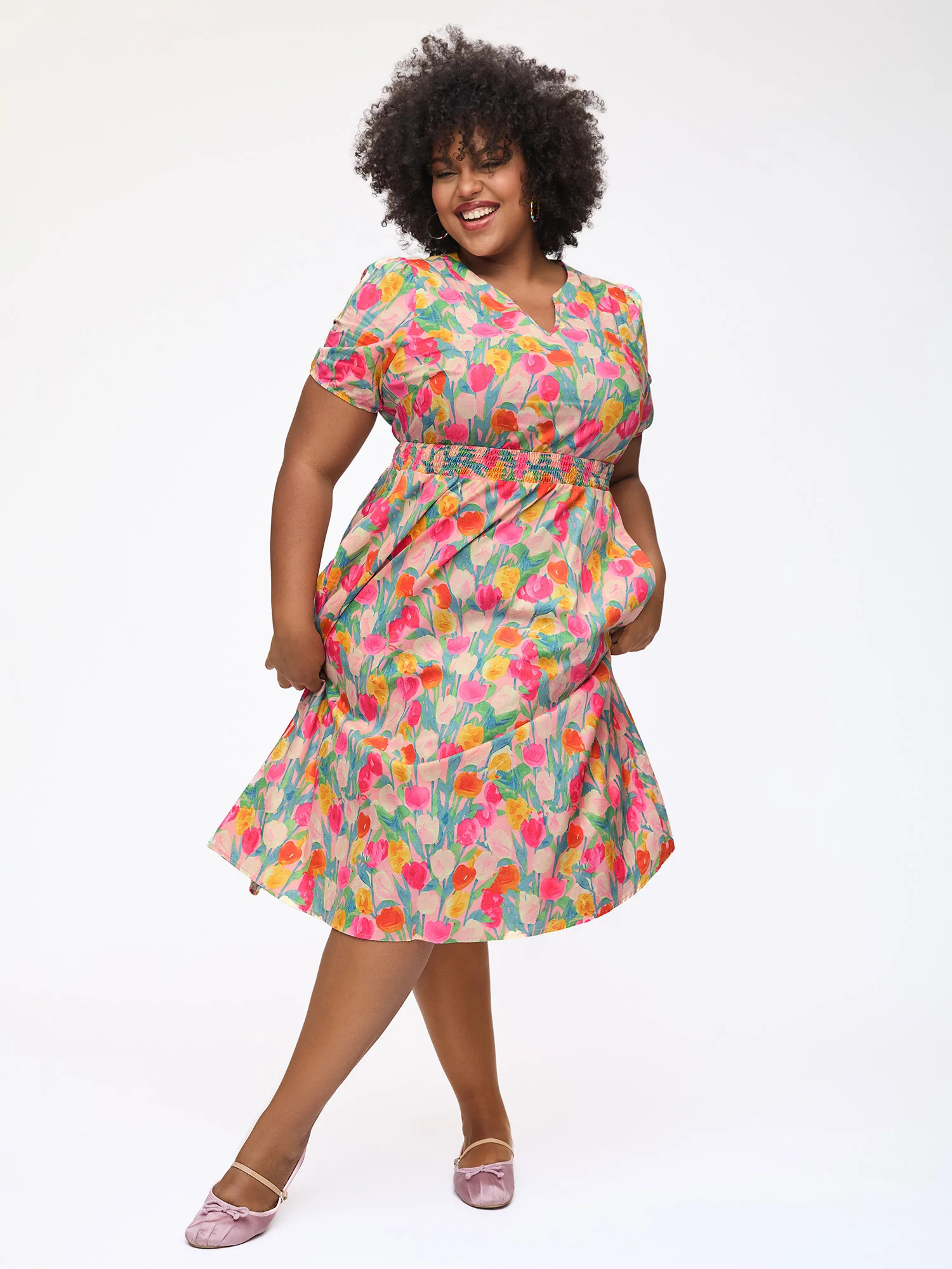 Cotton Rosy Garden Shirred Waist Pockets Midi Dress | Bloomchic