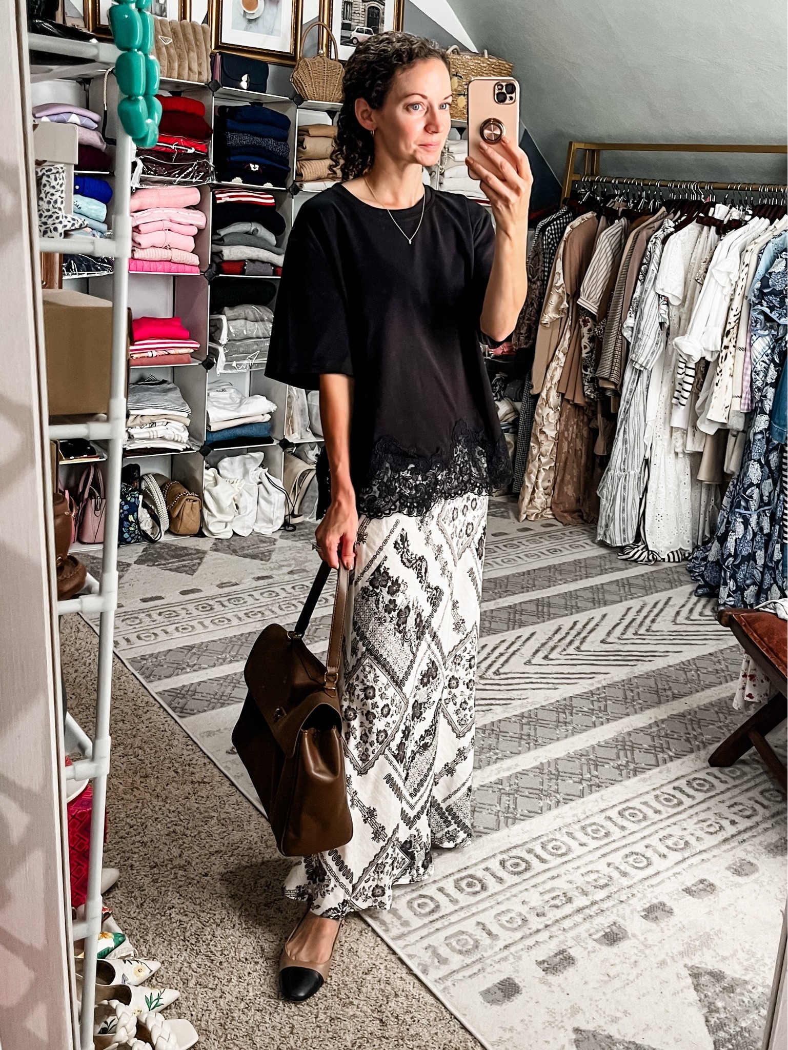 An early fall outfit!
Top, skirt and bag from Chicwish. 
Linking similar jewelry. 
Sling backs from Steve Madden. 
Petite outfit.  Classic outfit. Fall outfit. Modest outfit. Neutral outfit.