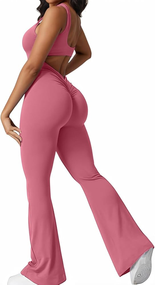 Wenlia Women Sleeveless Flare Jumpsuits Sexy Padded Backless Tank Tops Bodycon Scrunch Butt V Bac... | Amazon (US)