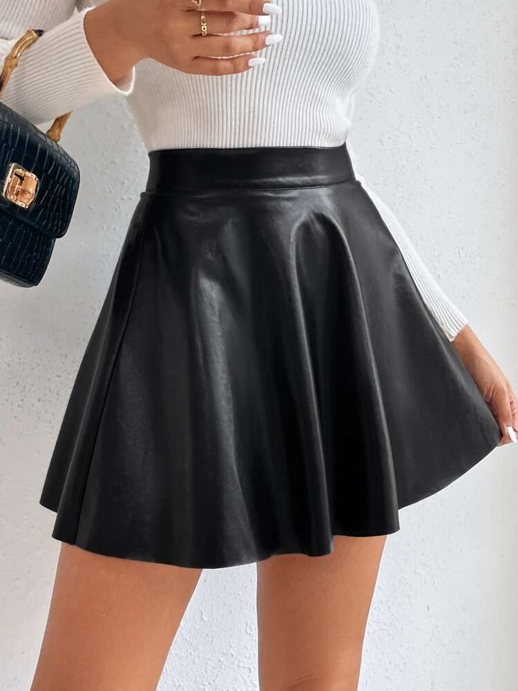 SHEIN PETITE High Waist PU Flare Skirt | SHEIN