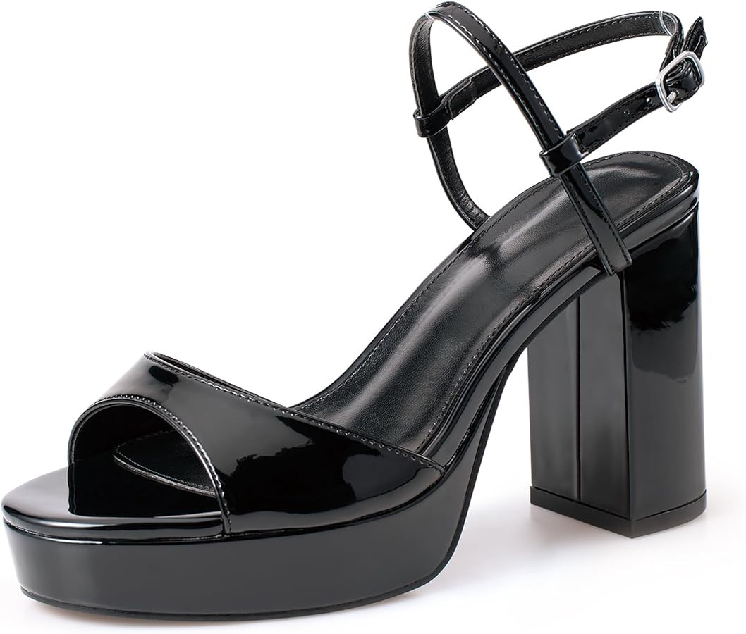 Black/Burgundy Platform Chunky Heels for Women, Open Round Toe 4 inch High Heeled Sandals with Bu... | Amazon (US)