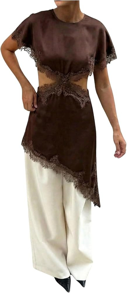 RoseSeek Women's Floral Lace Trim Short Sleeve Silky Dress Elegant Cut Out Crew Neck Asymmetrical... | Amazon (US)