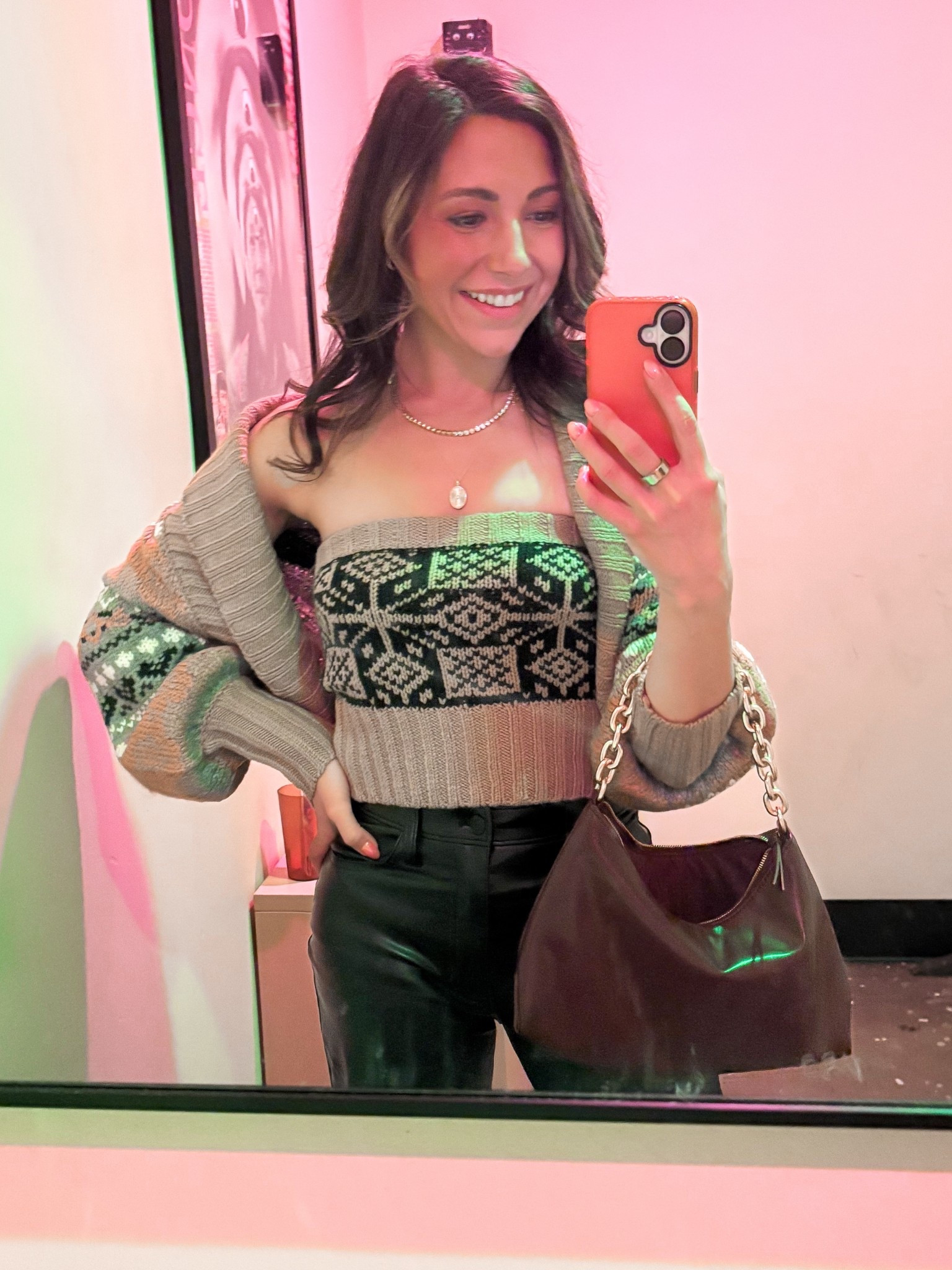 Bathroom mirror selfie 😛 what I wore to dinner Friday night! Wearing an XS
On sale with code EXTRA65
Date night outfit
Happy hour outfit
Date night sweater
Girls night outfit
Girls night sweater
What i wore for girls night 
What i wore for date night 
What I wore to dinner
What I wore for drinks
Fair isle sweater 
Tube top sweater with shrug 
Neutral sweater 
Vegan leather pants

#LTKSaleAlert #LTKootd