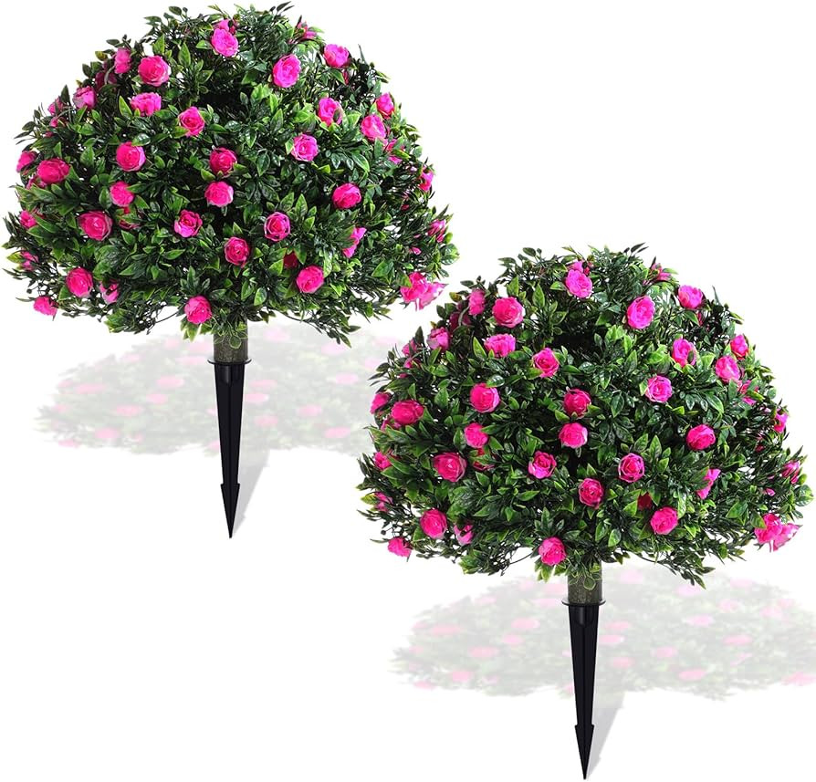 Yunlly Set of 2 Artificial Boxwood Topiary Ball Tree Fake Bushes Shrubs Outdoor Faux Plant with G... | Amazon (US)