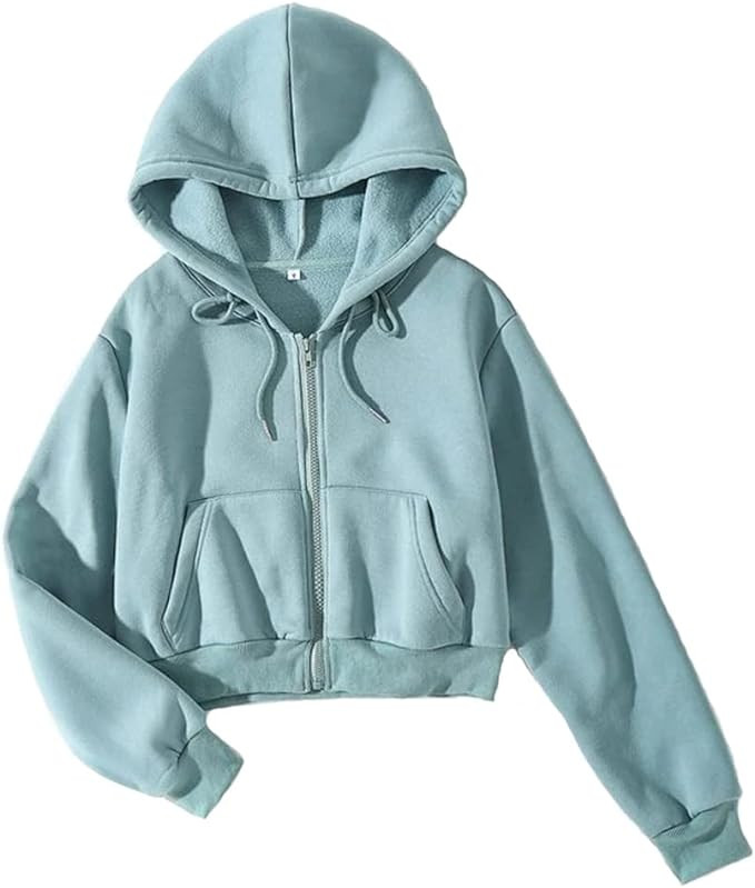 LOFAAC Women Fleece Full Zip Up Cropped Hoodie Sweatshirt 90s Long Sleeve Drawstring Hooded Crop ... | Amazon (US)