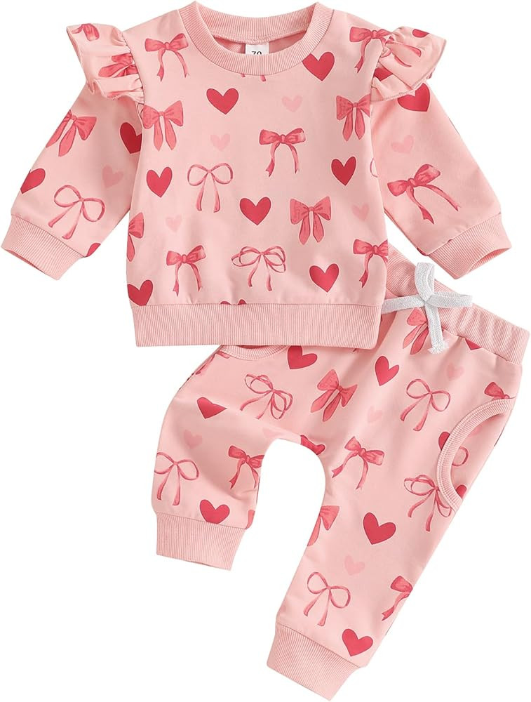 Lesimsam Toddler Baby Girl Valentine's Day Outfit Heart Bow Print Ruffle Long Sleeve Sweatshirt P... | Amazon (US)