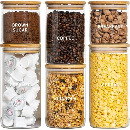 Laramaid Glass Jar Set (2x22oz/2x35oz/2x45oz) Set of 6 with 160 Minimalist Pantry Labels, Round Canister Jars with Bamboo Lids and Transparent Customized Sticker Labels, Food Storage Containers | Amazon (US)