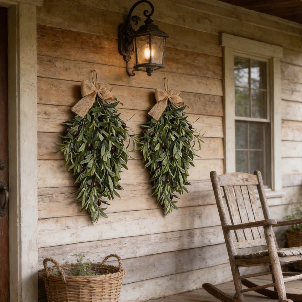 2 Pack 23.6" Artificial Olive Teardrop Swag Wreath for Front Door - UV Resistant Full Adjustable Handmade Faux Greenery Wall Decor with Burlap Bow - F | Wayfair North America