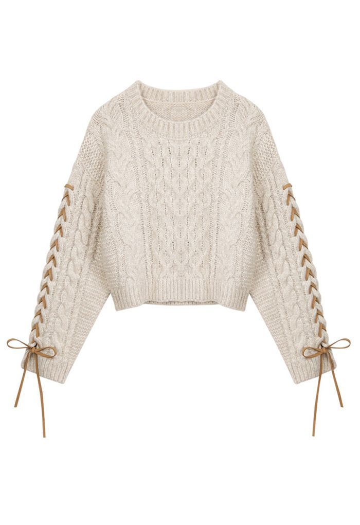 Lace-Up Sleeves Braided Knit Crop Sweater in Camel | Chicwish
