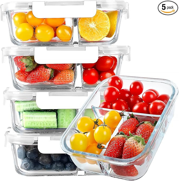 KOMUEE Glass Meal Prep Containers 3 Compartments, 5 Pack 36 oz, Glass Food Storage Containers wit... | Amazon (US)