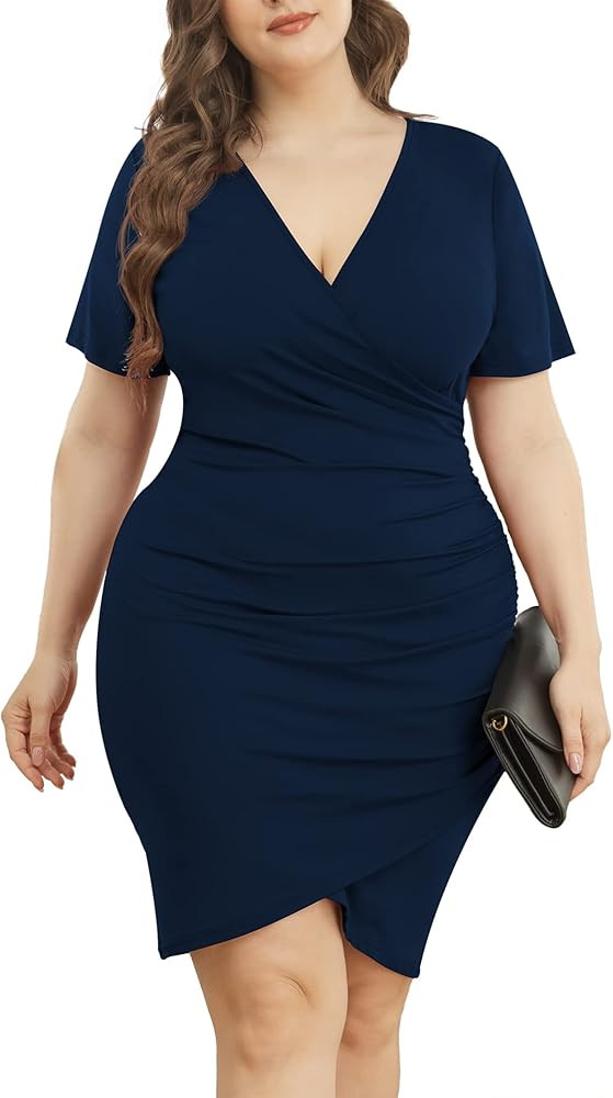Womens Plus Size Dresses Short Sleeve V Neck Ruched Bodycon Wrap Dress Sexy Casual Wedding Guest ... | Amazon (US)