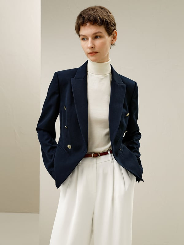 LILYSILK Women's Wool Twill Slim Double-Breasted Blazer with Lapel Navy Blue Size 0 | LILYSILK