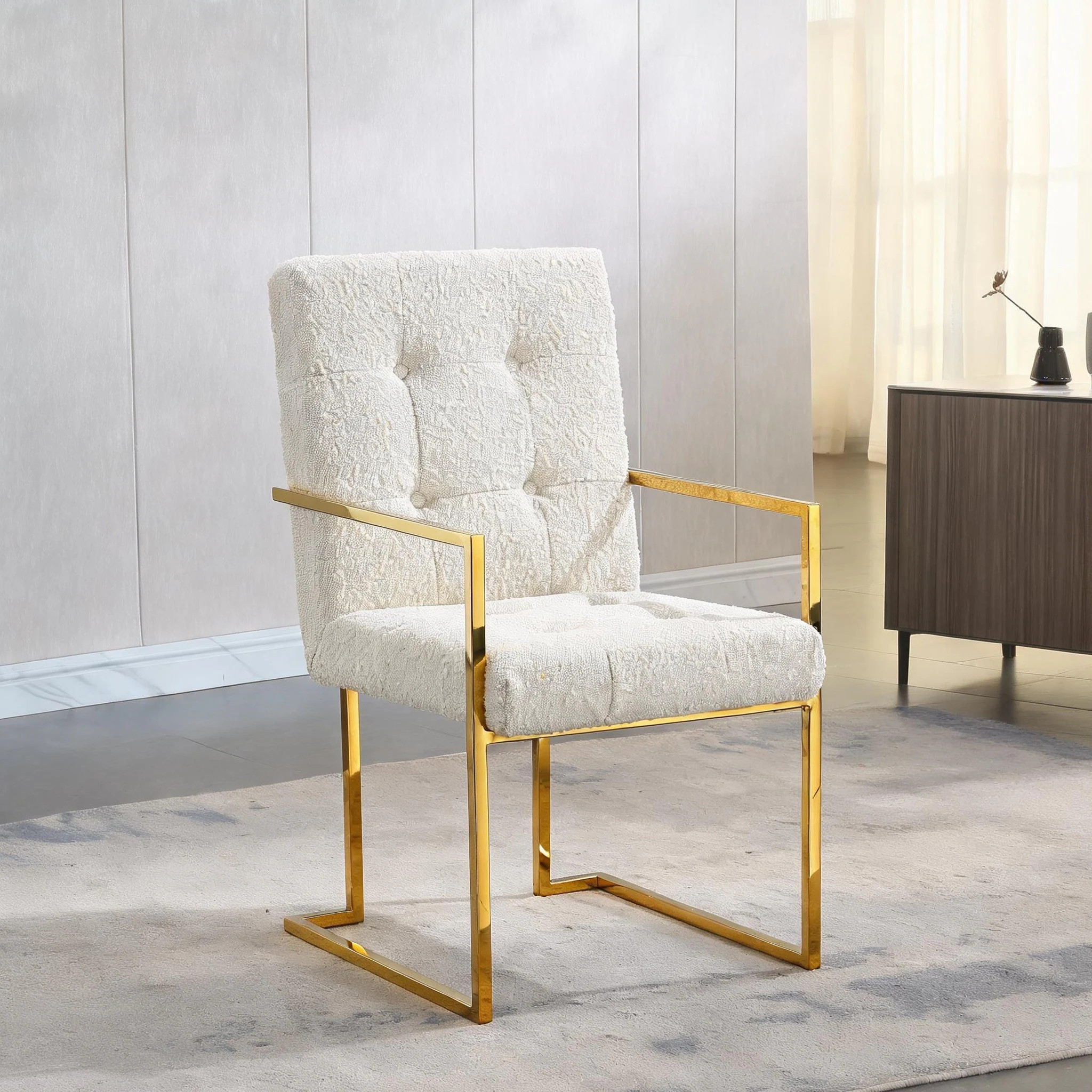Watnature Glam Art Deco Dining Arm Chair Gold Stainless Steel Sled Base Crisp White Linen Upholstery one_size | 5U8NMDW4FBP9 | Lowe's