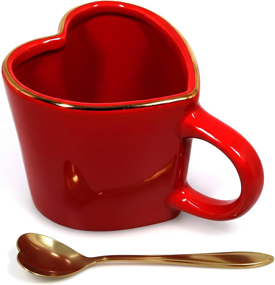 15.5 oz Large Heart Mug with Gold Heart Spoon and gift box – Romantic Stoneware Coffee Cup, 460... | Amazon (US)