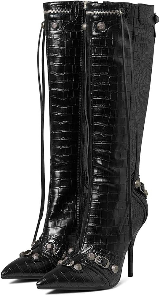 Oiamenne Knee High Boots for Women Fashion Slide Zipper Pointed Toe Stiletto Studded High Heel Ri... | Amazon (US)