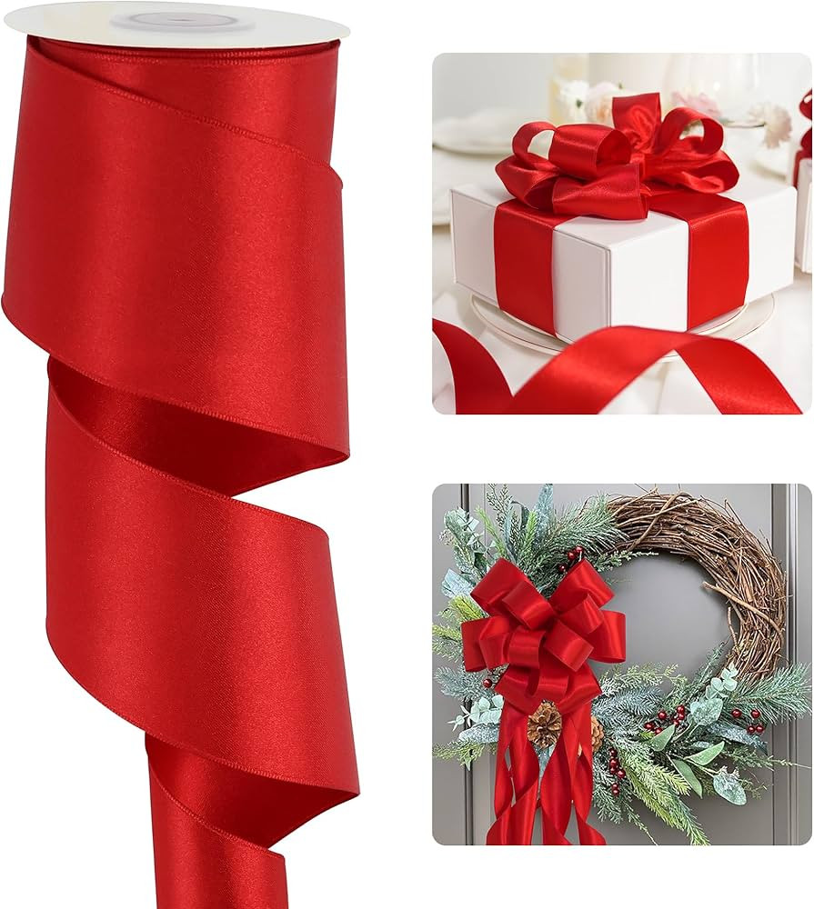 HUIHUANG Red Wired Satin Ribbon 2.5 inch Red Wire Edge Ribbon for Wreaths, Bows Making, Gift Wrap... | Amazon (US)