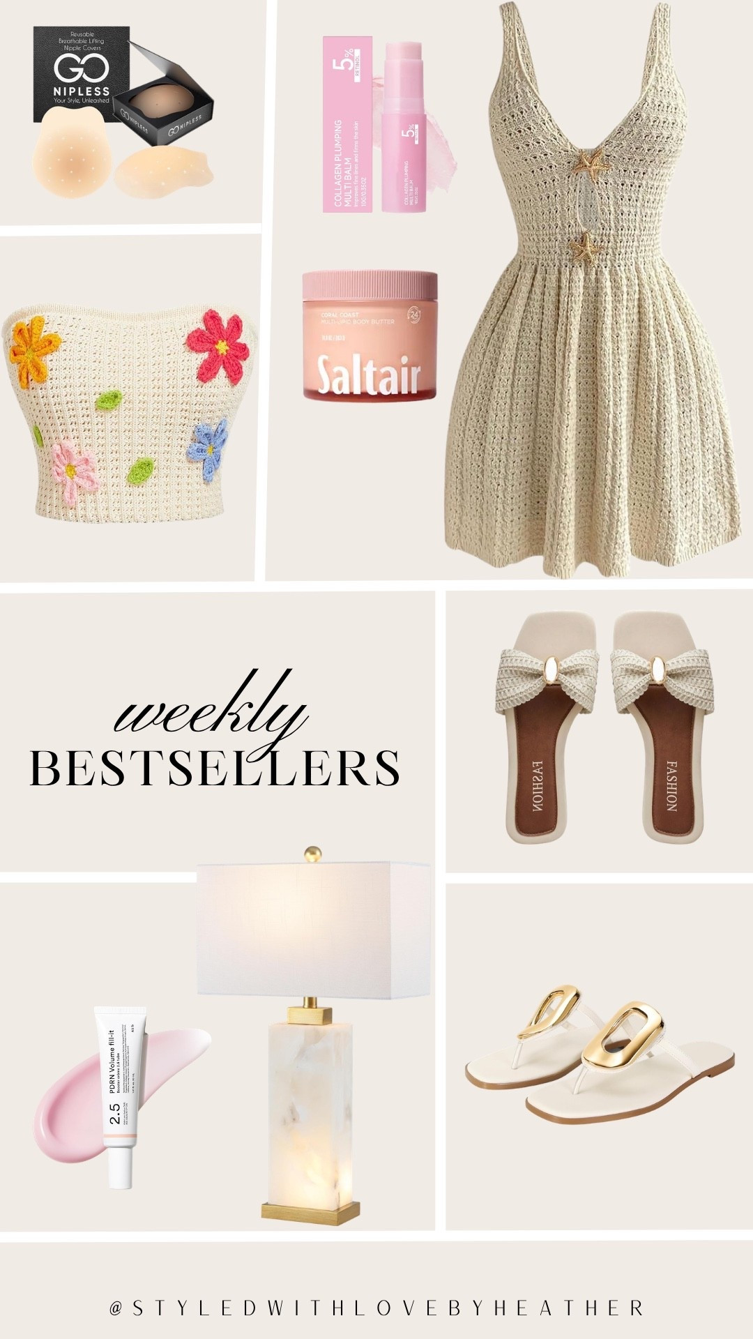 Weekly best sellers that totally lived up to the hype this week…

From the cutest crochet dress and floral knit top to my favorite lip treatment, body butter, and summer sandals 🤍

Plus the marble lamp that instantly elevates a space and the reusable covers I always keep on hand.