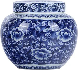 Blue and White Porcelain Round Ginger Jar with Lid, Ceramic Chinoiserie Chinese Style Decorative ... | Amazon (US)
