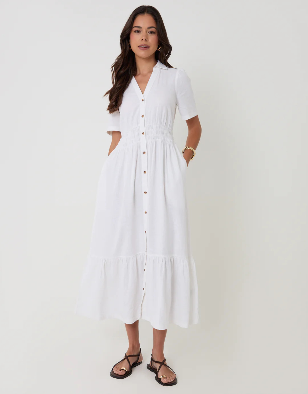 White Tiered Linen Blend V Neck Maxi Dress | Threadbare UK