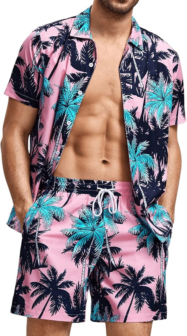 Verdusa Men's 2 Piece Casual Tropical Print Button Down Hawaiian Shirt and Short Suits | Amazon (US)