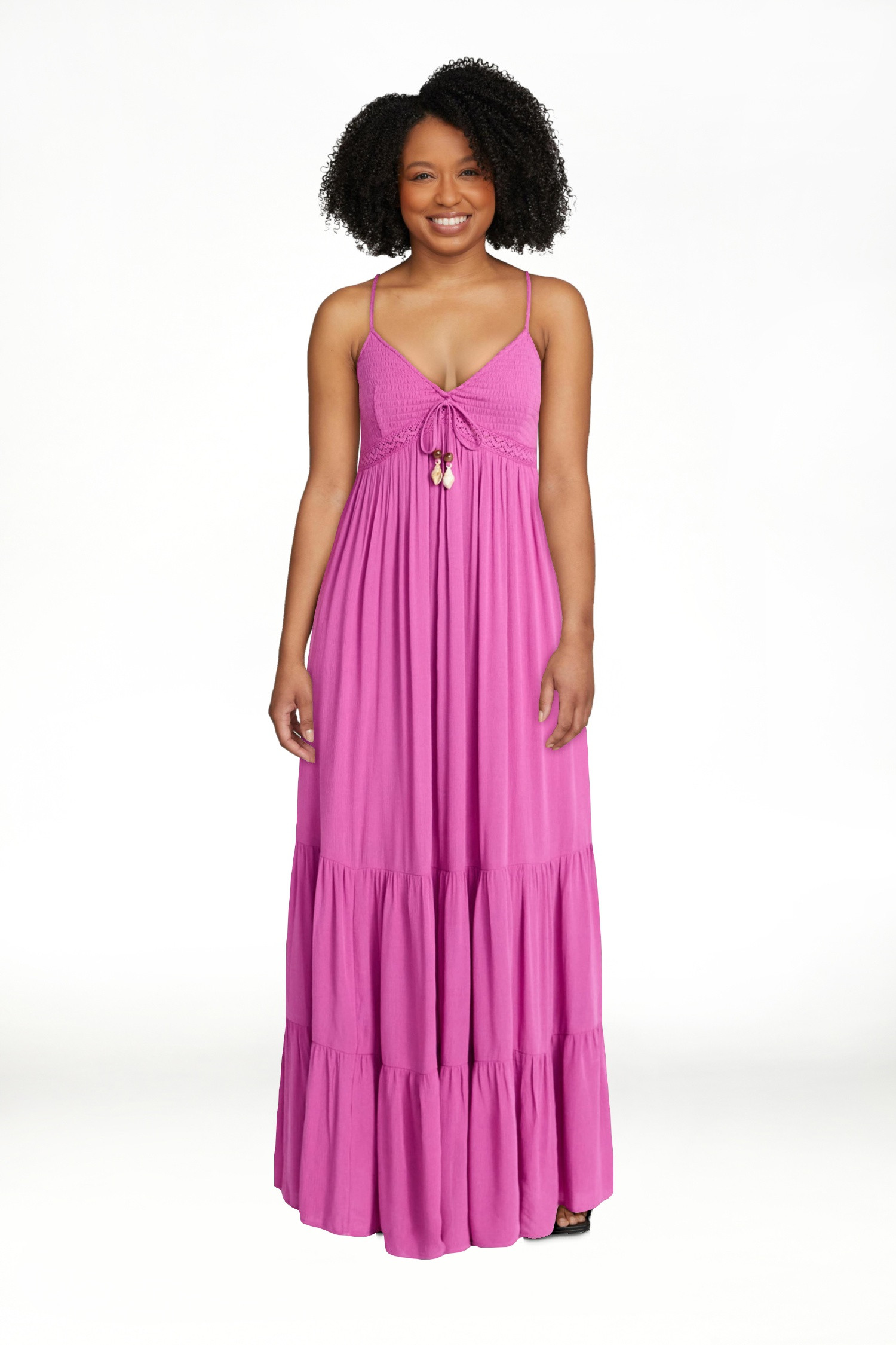 No Boundaries Crochet Lace Trim Tiered Maxi Dress, Women's XXS-XXL | Walmart (US)