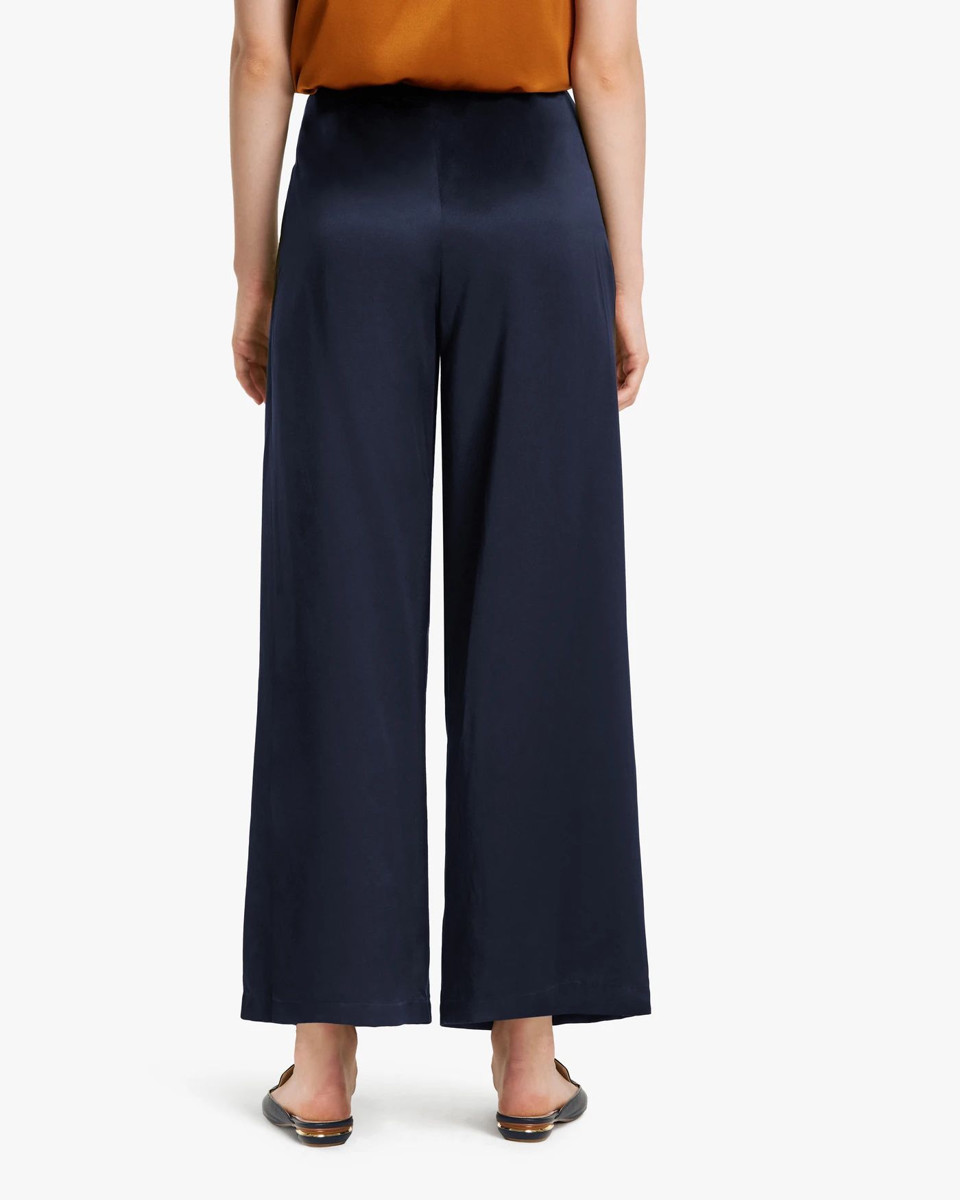 High-rise Pleated Silk Women Pants Navy Blue 33B | LilySilk