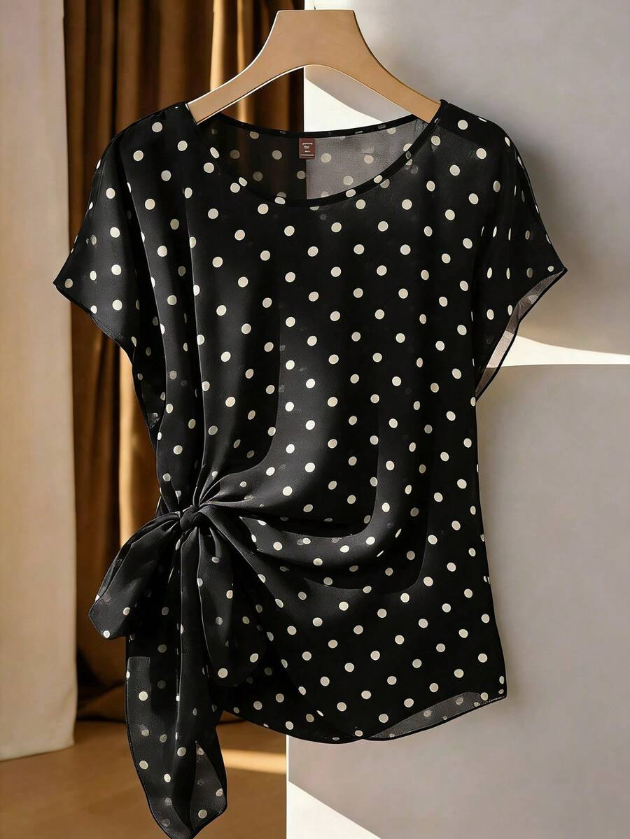 SHEIN Franclia Plus Size Yellow Heart Tie Bow Woven Shirt, Spring/Summer Blouse Women's Short Sle... | SHEIN