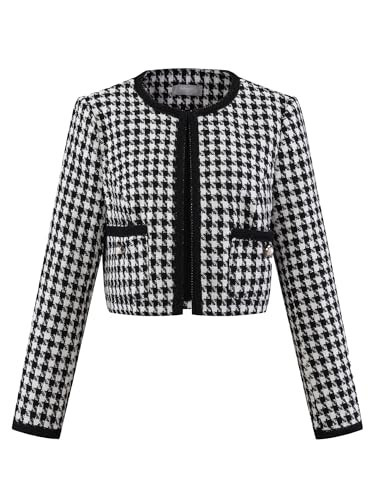 Hobemty Women's Houndstooth Blazer Collarless Plaid Cropped Tweed Jacket X-Large Black White | Amazon (US)