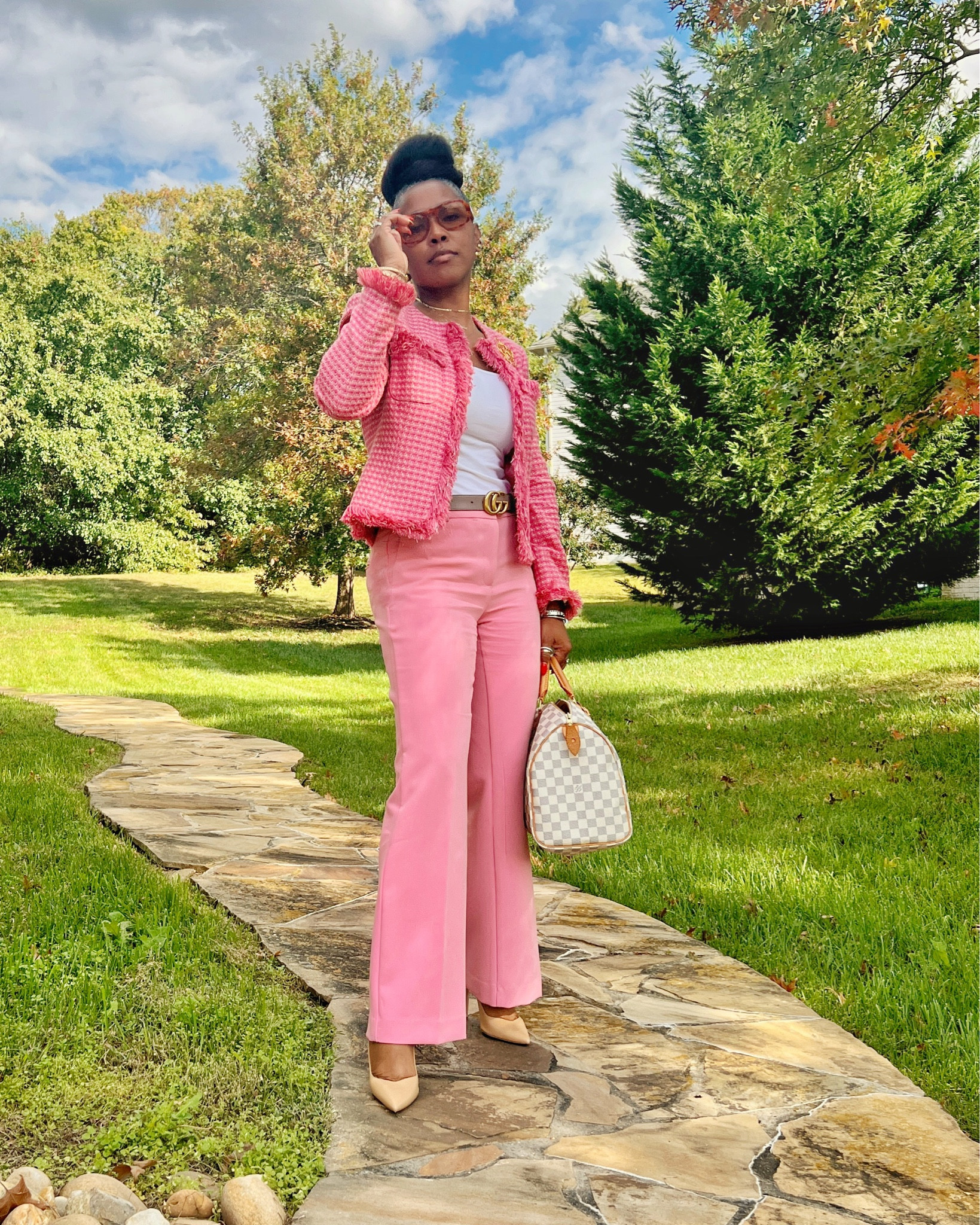 What I wore this week…
On Wednesday’s we wear pink…
How do I look?…

In fall, we usually lean toward deeper hues. However, we had a few eighty degree days this past week… so I thought I’d dress for the temps! A great bouclé or tweed jacket paired with pink slimming trousers and a stiletto pump for the office never hurt a soul or a falling leaf! 🍂 🌸✨🍂 

#LTKWorkwear #LTKItBag #LTKStyleTip