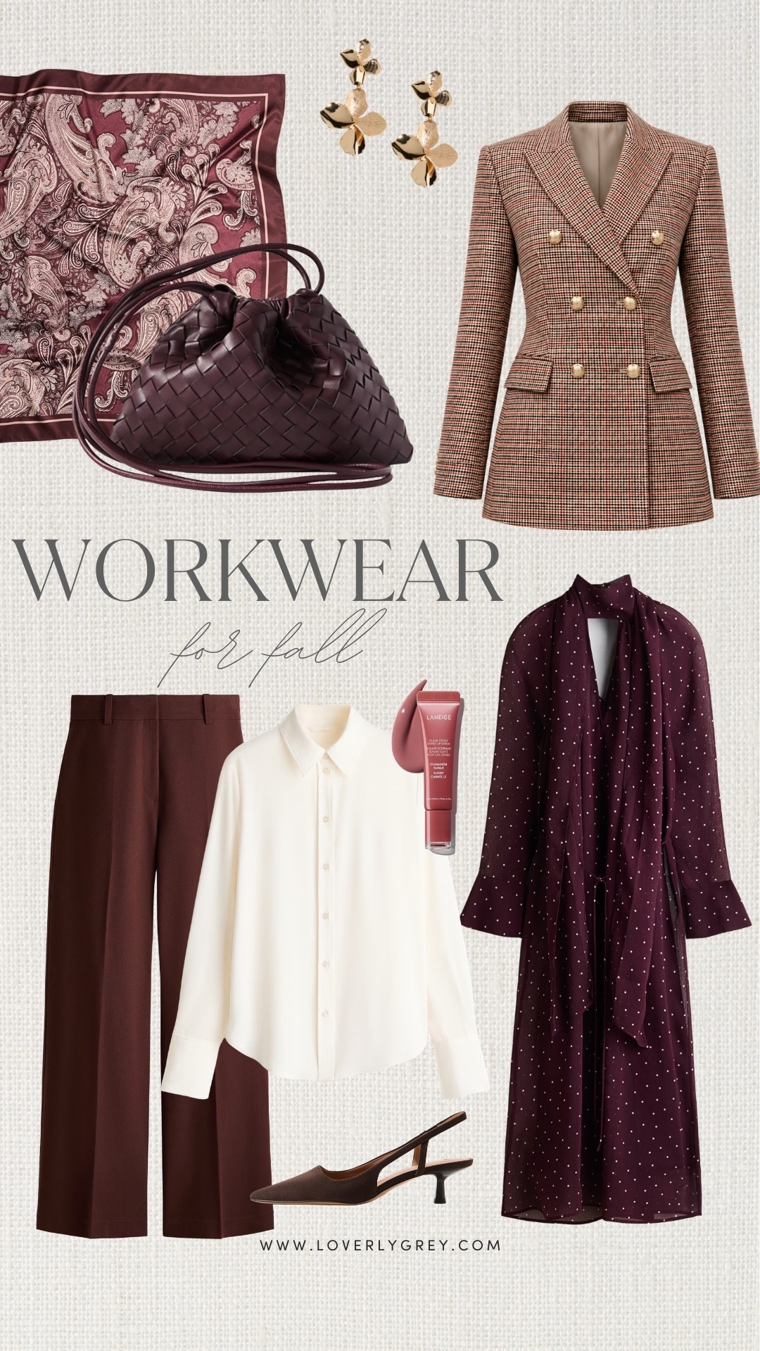 If you need work outfit ideas for fall, this color palette is everything. Burgundy, cream and chocolate brown make these blouses, trousers and dresses feel so polished without being boring.