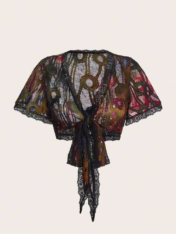 ROMWE PUNK Grunge Allover Print Knot Front Crop Top | SHEIN