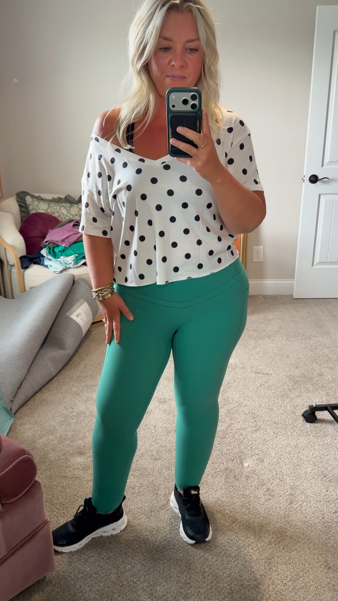 A great look for less legging option on Amazon for my beloved Spanx leggings! Thick, soft & great compression & no front seam to prevent camel toe! I love this cute polka dot tee & this is one of my fav sports bras. Also linking my super supportive tennis shoes that rival my Hoka's but are only $30 at Walmart!! 

 #LTKActive #LTKMidsize #LTKPetite