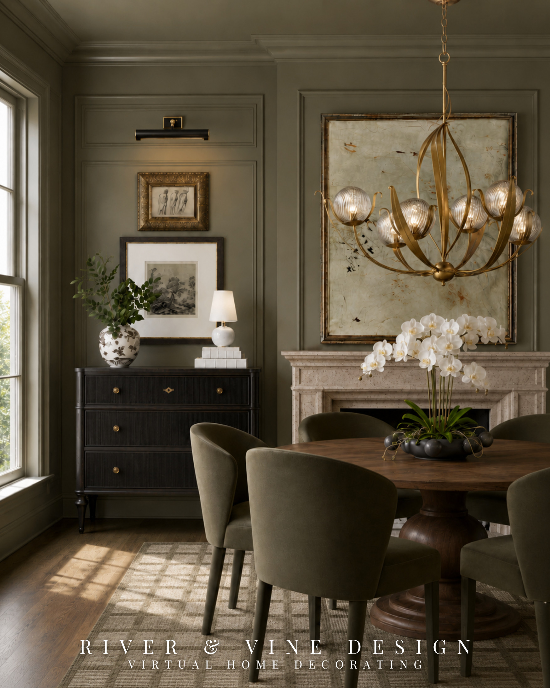 Moody paint can feel intimidating, but it works when the rest of the room has enough warmth and contrast. Olive green walls, a dark dresser, vintage-style art, warm wood, brass lighting, and a textured rug keep the space rich instead of heavy.

This is also why matching the walls, trim, and ceiling can make a room feel more custom — it removes visual breaks and lets the furniture and art stand out.

Moody dining room, olive green paint, classic dining room, round wood table, upholstered dining chairs, traditional chandelier, vintage art, picture light, and layered neutral rug.

Disclosure: I may receive a small commission from purchases made through my links, at no additional cost to you. 

 #LTKHome