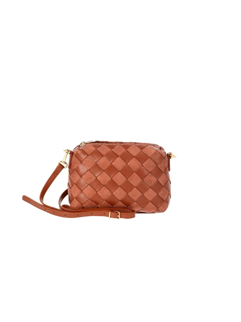 Time and Tru Women's Woven Faux Leather and Suede Mini Crossbody Bag, Cognac | Walmart (US)